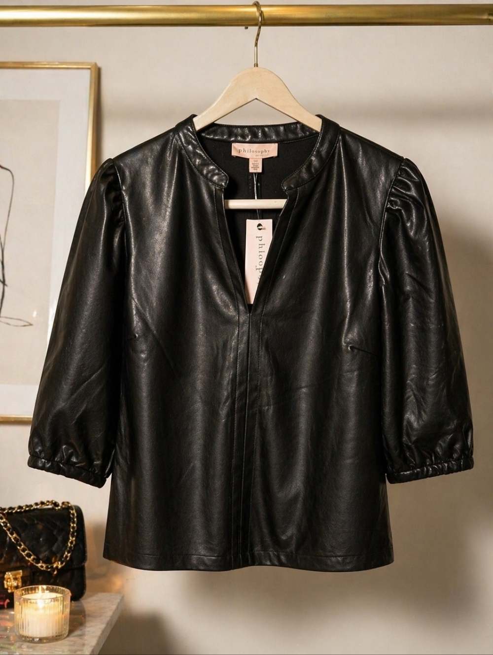 NWT - Philosophy Black Faux Leather Puff-3/4 Sleeve Top - Picture 2 of 3